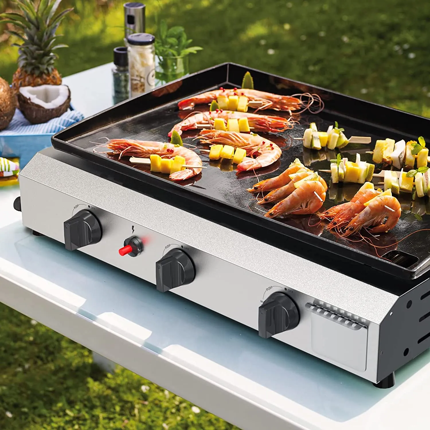 25.6 Inch 3 Burner BBQ Gas Grill Griddle, Stainless Steel Portable Detachable 30,000 BTU Table Top Propane Grill