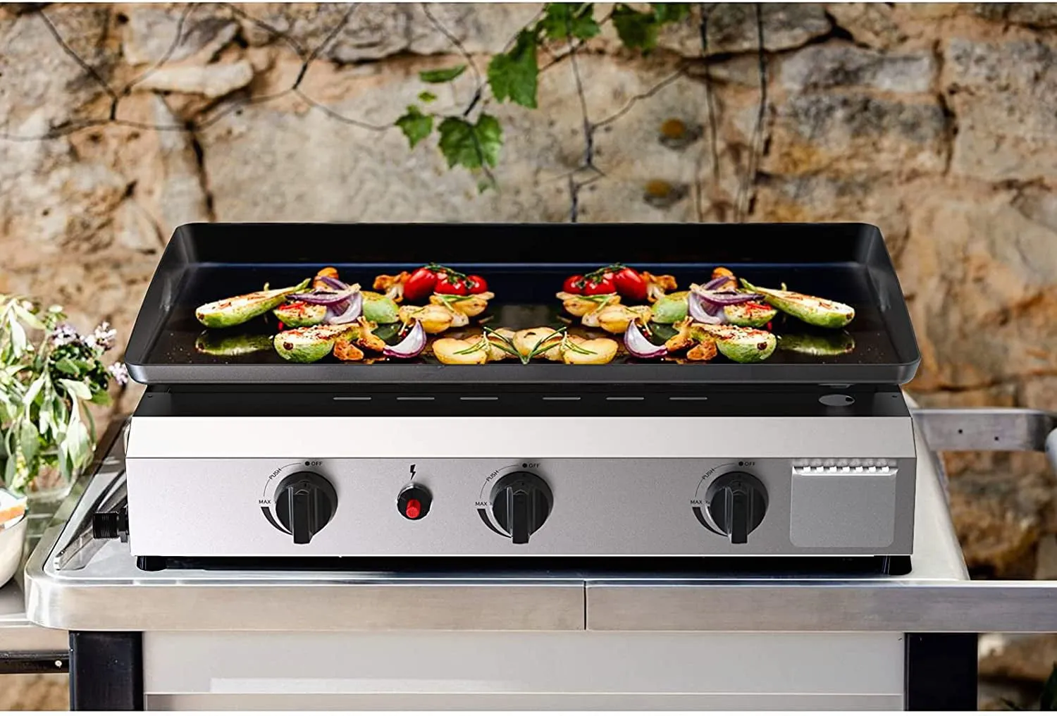 25.6 Inch 3 Burner BBQ Gas Grill Griddle, Stainless Steel Portable Detachable 30,000 BTU Table Top Propane Grill