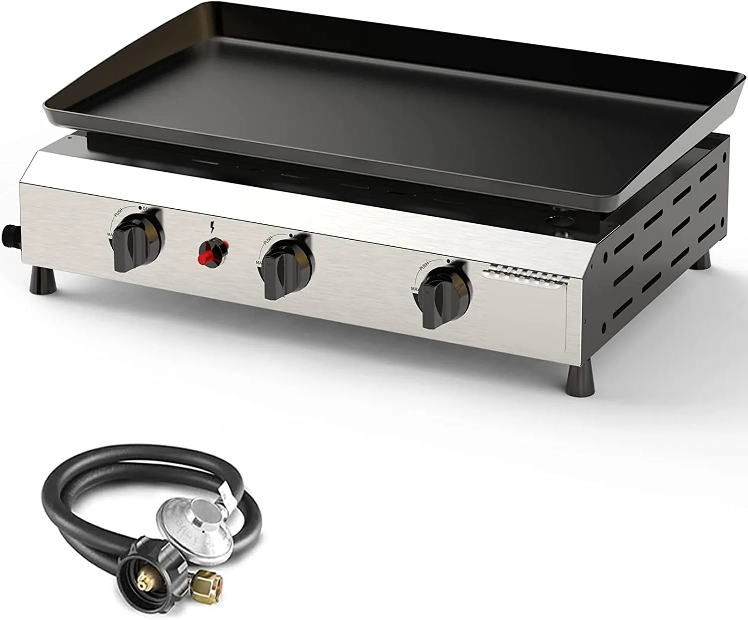 25.6 Inch 3 Burner BBQ Gas Grill Griddle, Stainless Steel Portable Detachable 30,000 BTU Table Top Propane Grill