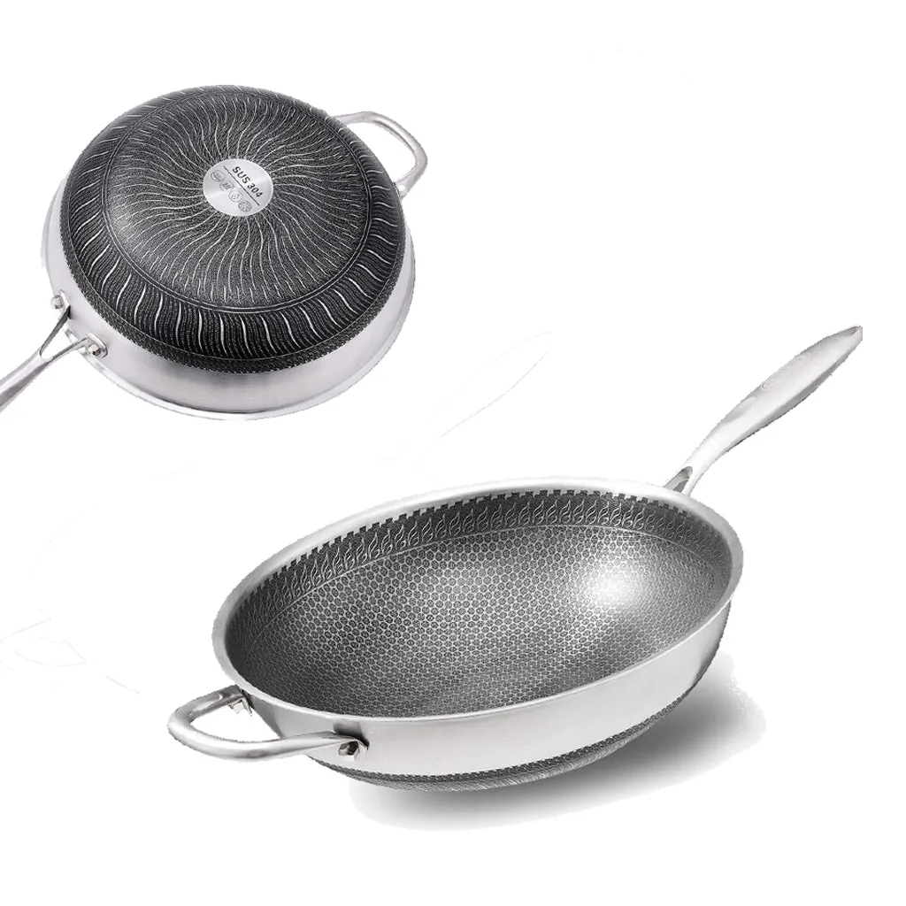 34cm 304 Stainless Steel Non-Stick Stir Fry Wok Pan | Honeycomb Double Sided | Without Lid