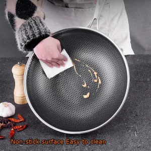 34cm 304 Stainless Steel Non-Stick Stir Fry Wok Pan | Honeycomb Double Sided | Without Lid