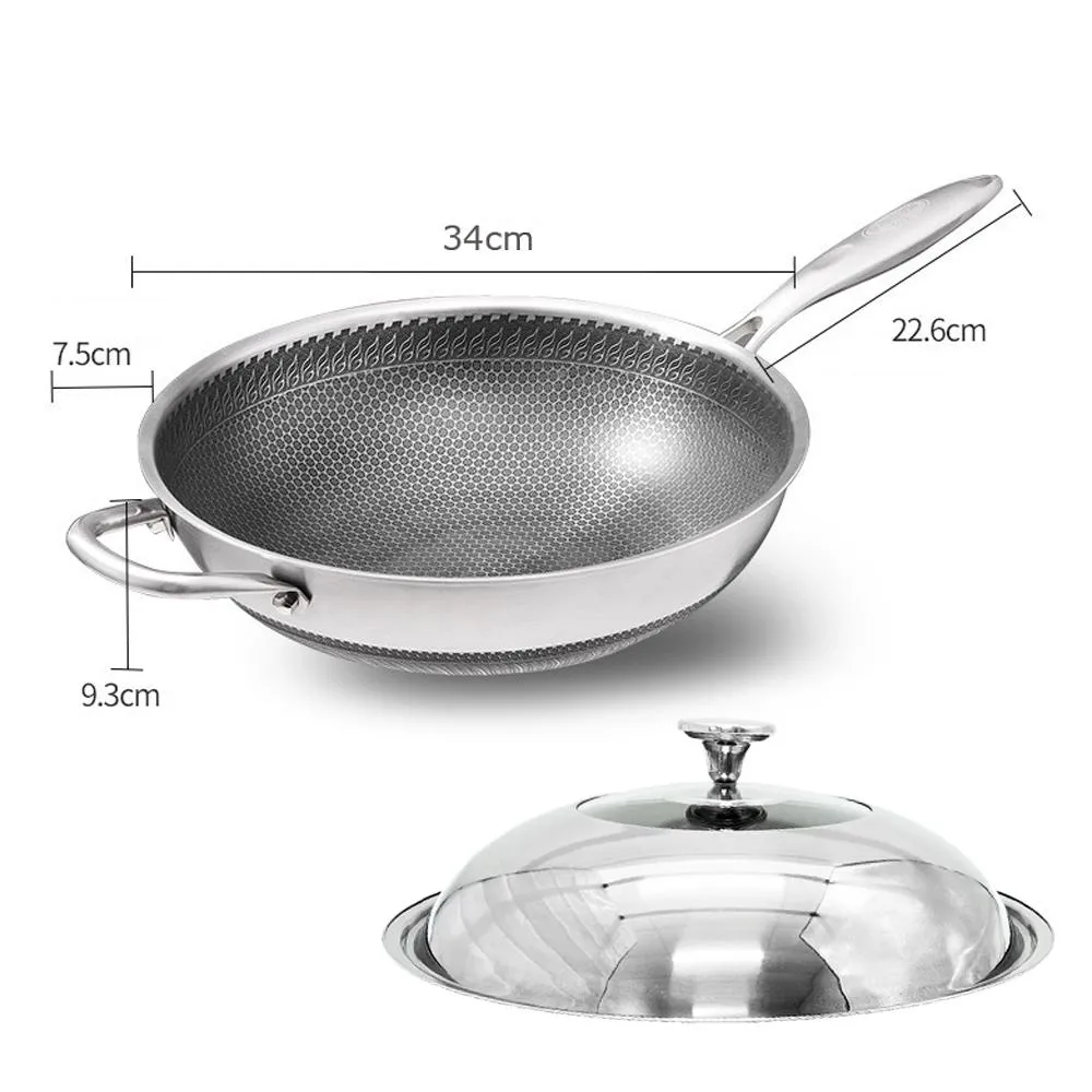 34cm 304 Stainless Steel Non-Stick Stir Fry Wok Pan | Honeycomb Double Sided | Without Lid