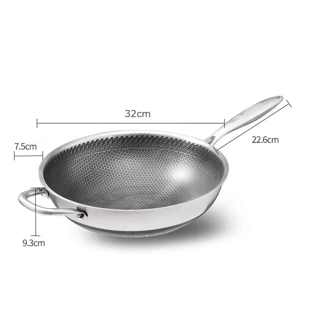 34cm 304 Stainless Steel Non-Stick Stir Fry Wok Pan | Honeycomb Double Sided | Without Lid