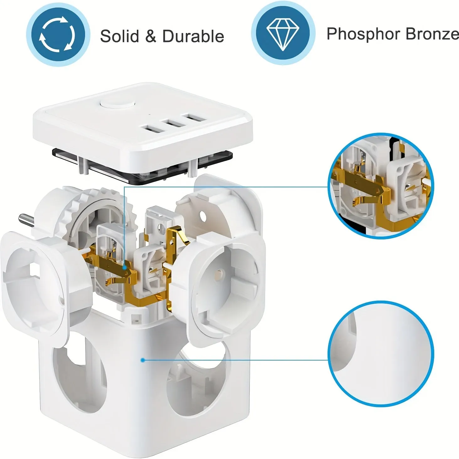 3Outlet Power Cube with USB Ports Switch Adapter White