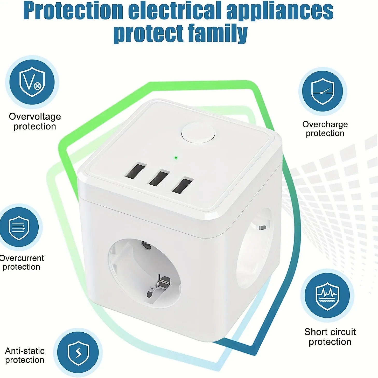3Outlet Power Cube with USB Ports Switch Adapter White
