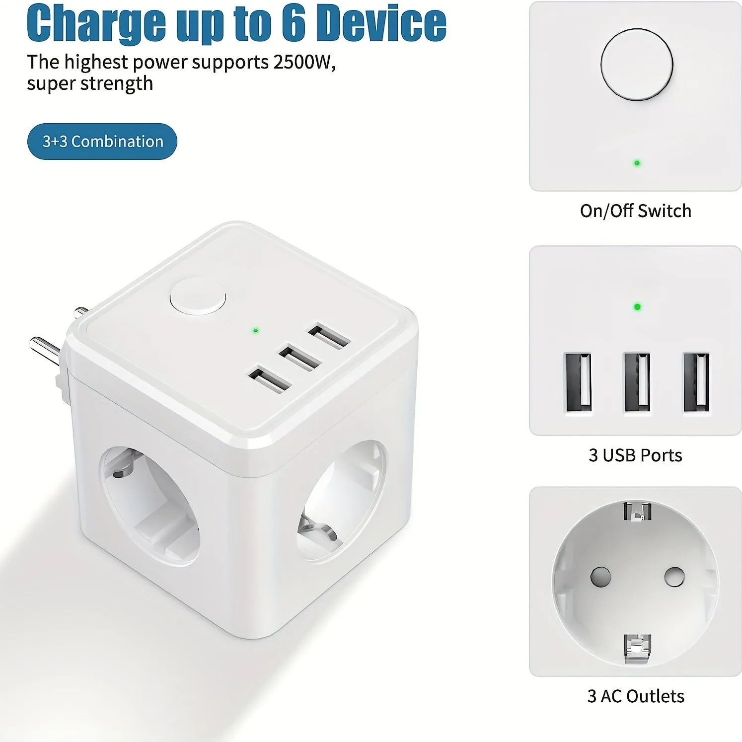 3Outlet Power Cube with USB Ports Switch Adapter White