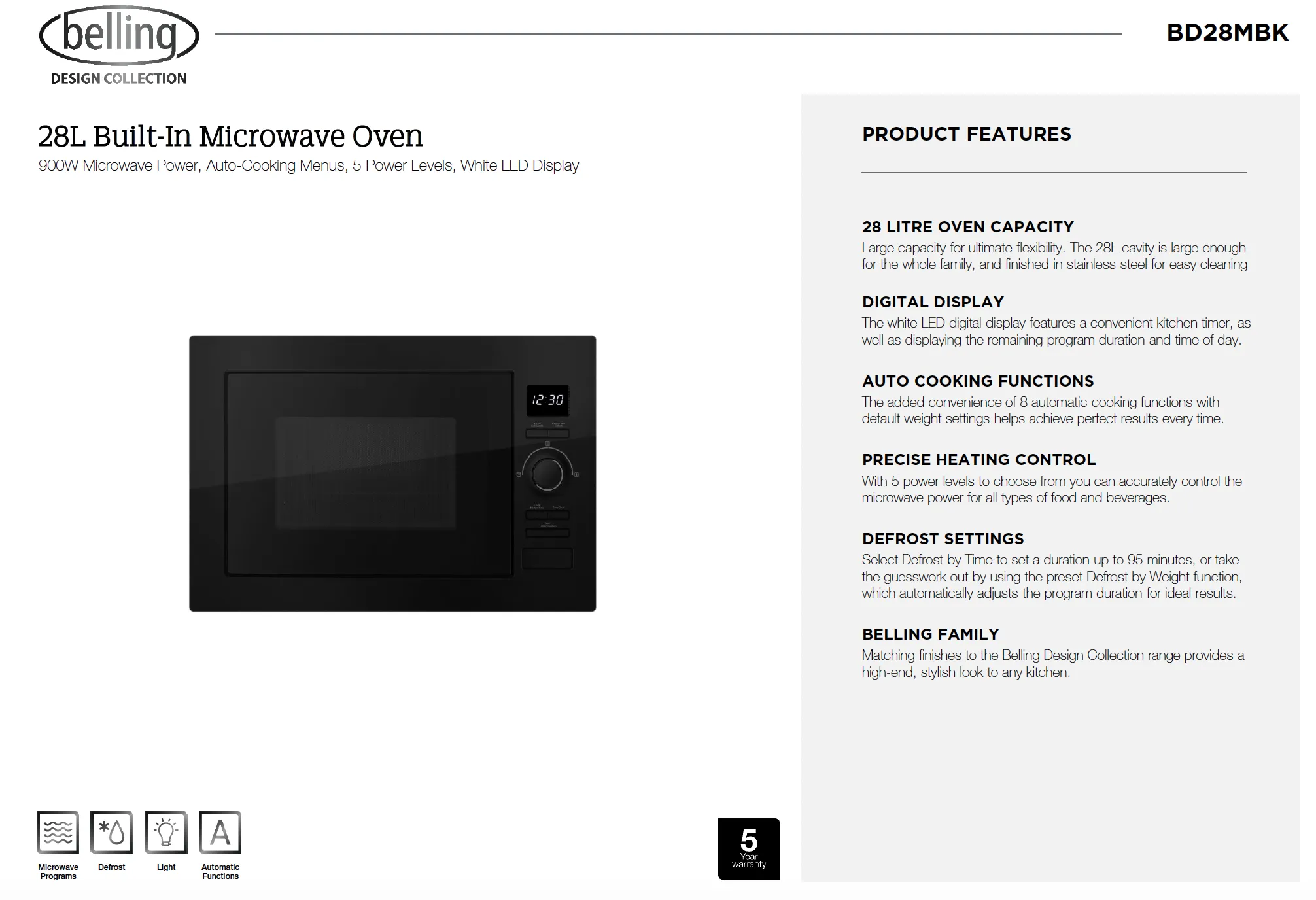 Belling BD28MBK 28 Litre Black Glass Microwave Oven