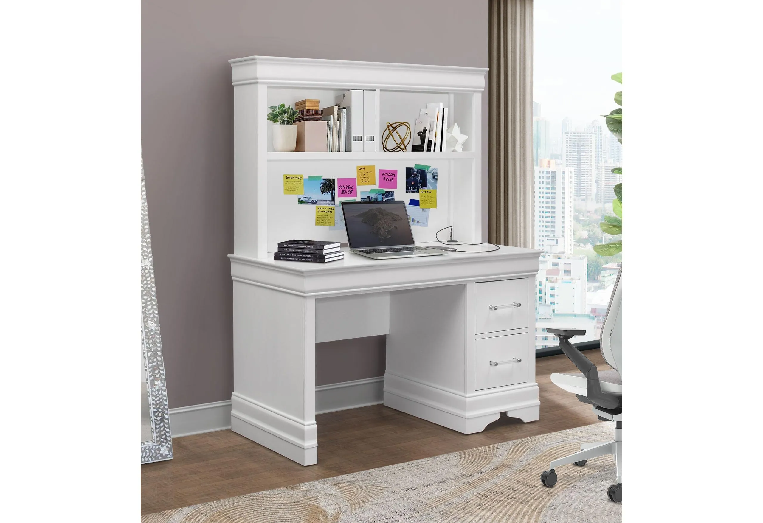 Charlie White Desk and Hutch - Organized Workspace
