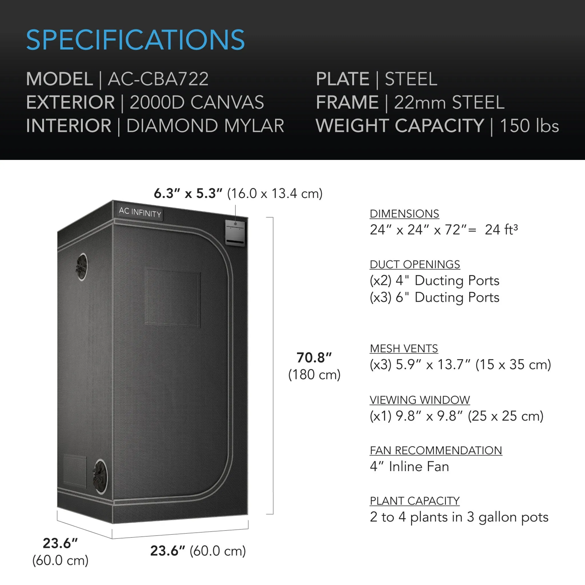 CLOUDLAB 722, Advance Grow Tent 2x2, Thickest 1 In. Poles, Highest Density 2000D Diamond Mylar Canvas, 24" x 24" x 72"