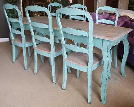 French Country Dining, Turquoise French Dining Table Set (1 Table 6 Chairs)