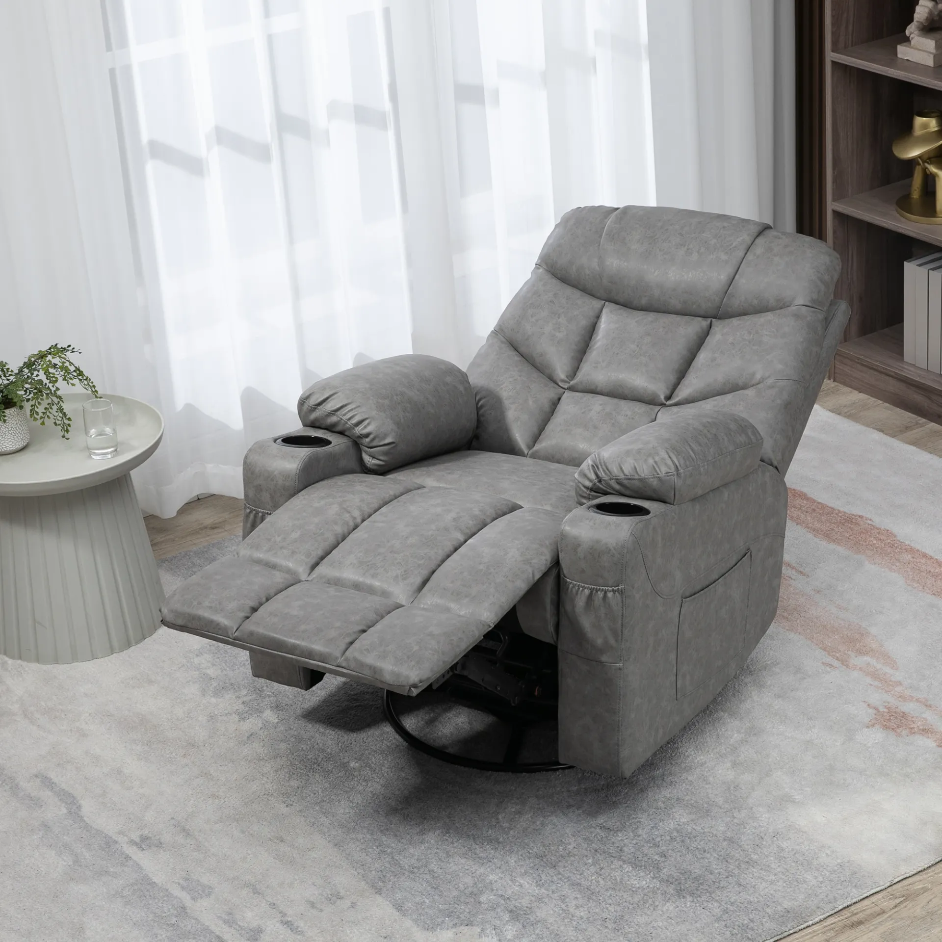 HOMCOM Manual Recliner Chair | Overstuffed PU Leather Armchair with Footrest & Cup Holders | Light Grey Recliner for Living Room & Bedroom