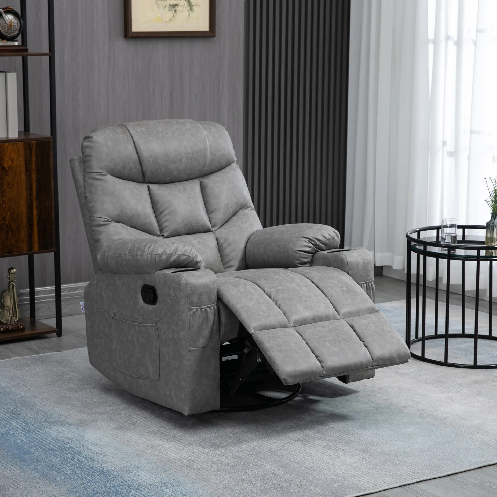 HOMCOM Manual Recliner Chair | Overstuffed PU Leather Armchair with Footrest & Cup Holders | Light Grey Recliner for Living Room & Bedroom