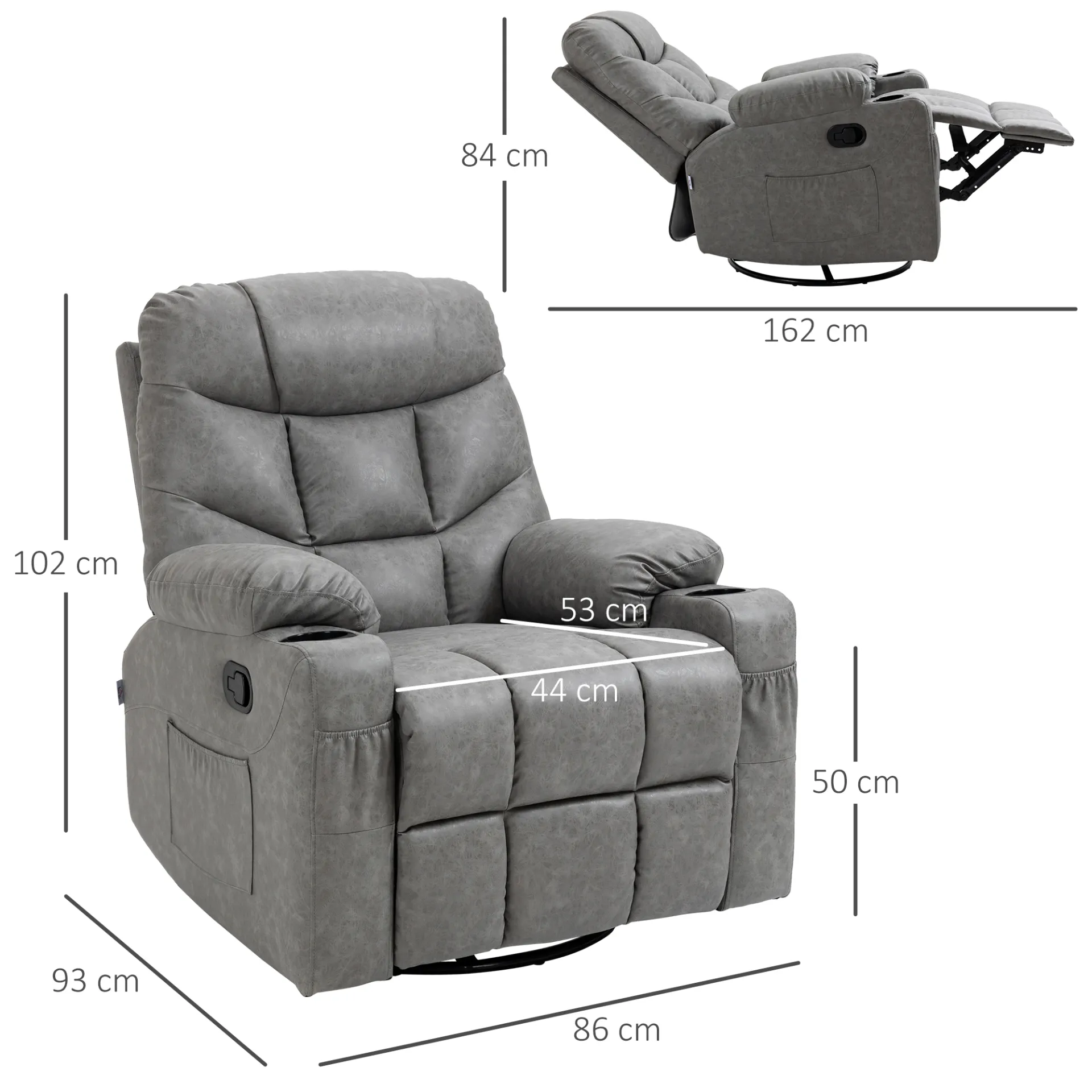 HOMCOM Manual Recliner Chair | Overstuffed PU Leather Armchair with Footrest & Cup Holders | Light Grey Recliner for Living Room & Bedroom