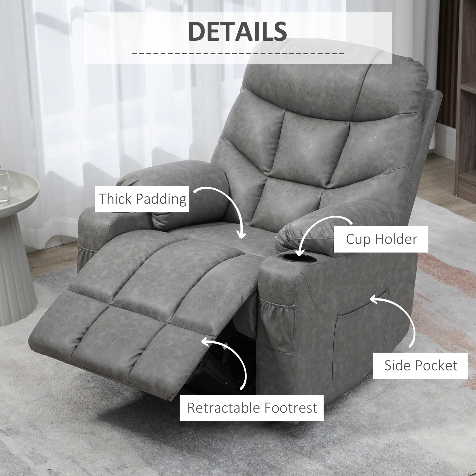 HOMCOM Manual Recliner Chair | Overstuffed PU Leather Armchair with Footrest & Cup Holders | Light Grey Recliner for Living Room & Bedroom