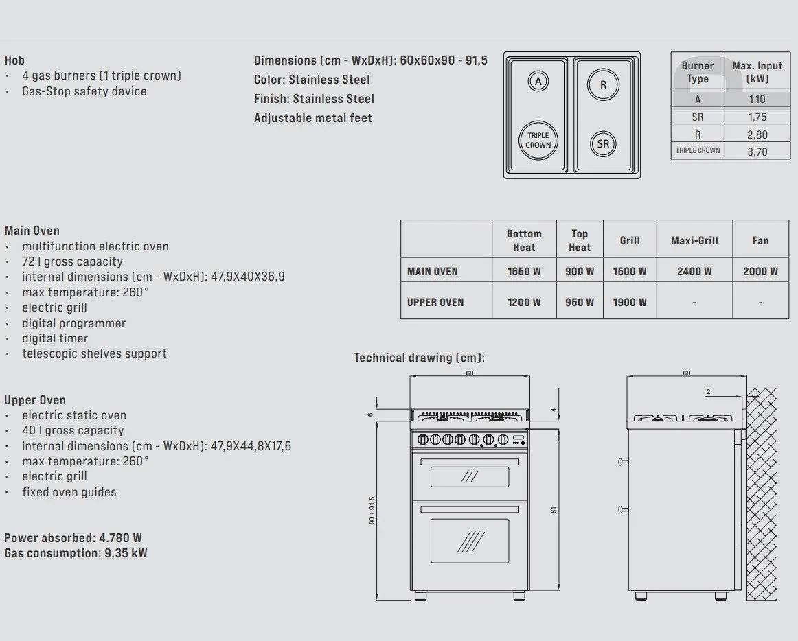 Lofra Professional 60 PGU D66MFE/C GV Yellow Gas Dual Fuel Range Cooker 60cm