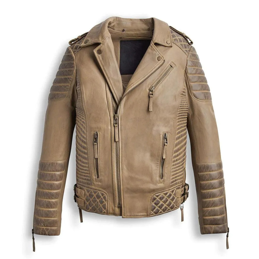 Men's Desert Brown Waxed Motorbike Biker Leather Jacket