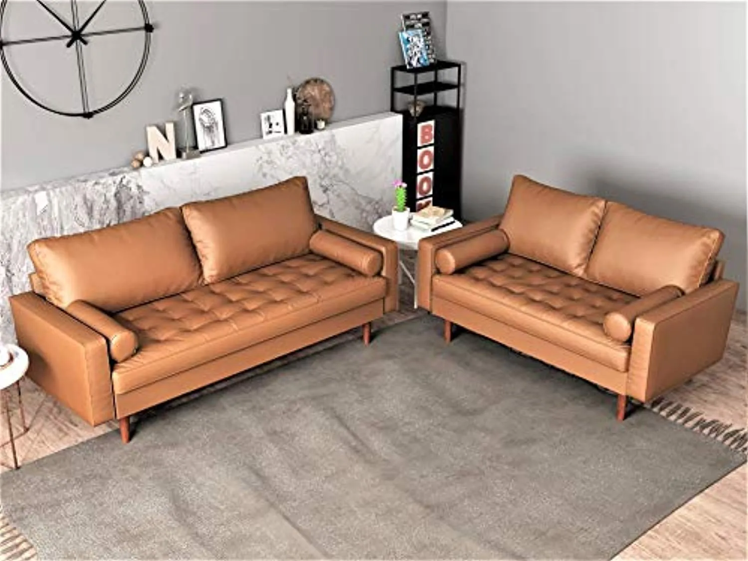 Orion Mid Century Modern Faux Leather Upholstered Sofa Loveseat Set with Bolster Pillows