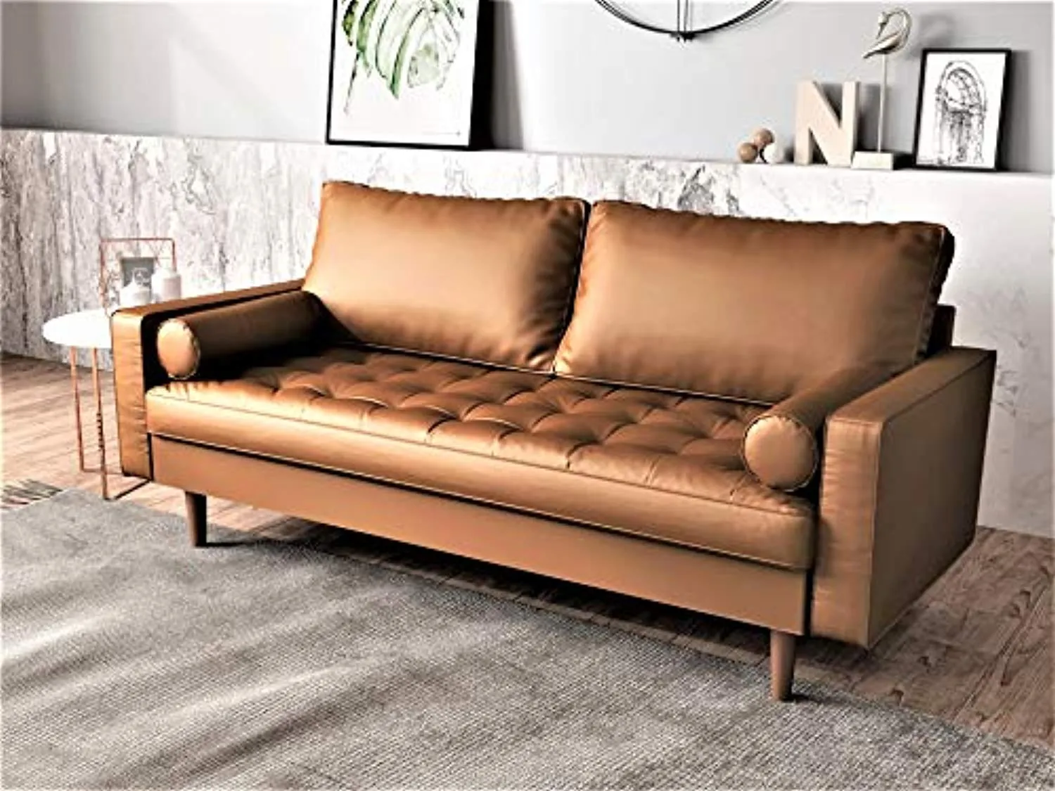 Orion Mid Century Modern Faux Leather Upholstered Sofa Loveseat Set with Bolster Pillows