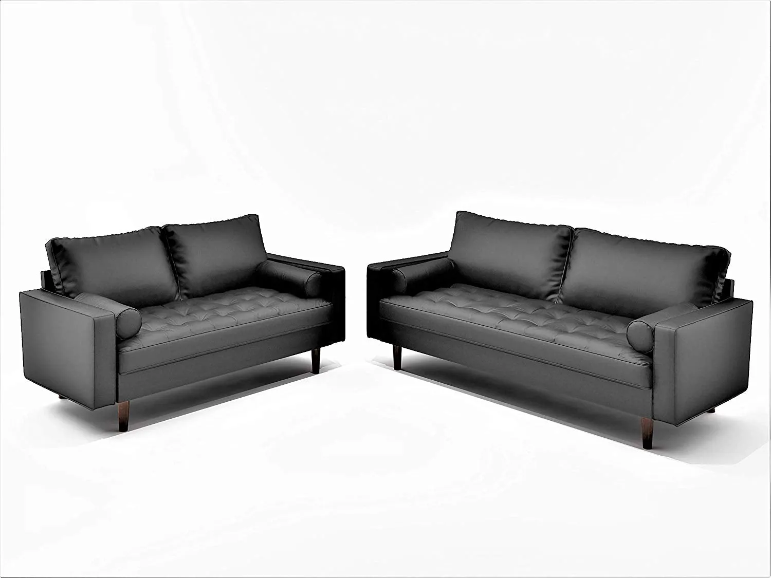 Orion Mid Century Modern Faux Leather Upholstered Sofa Loveseat Set with Bolster Pillows