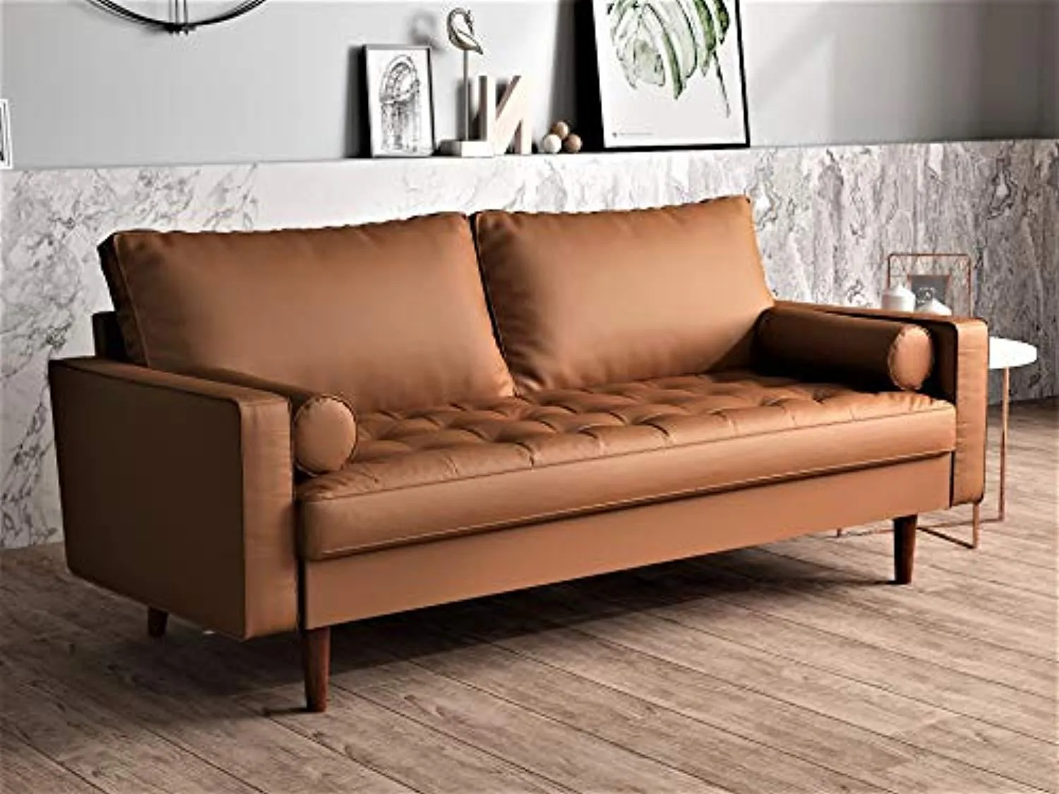 Orion Mid Century Modern Faux Leather Upholstered Sofa Loveseat Set with Bolster Pillows