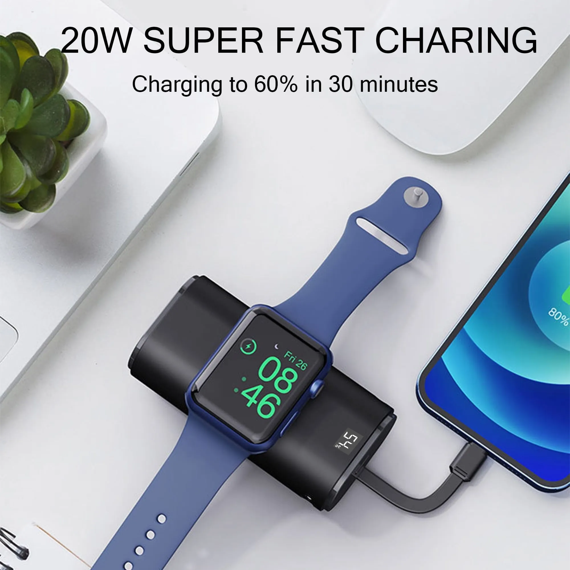 OWNTECH Portable Charger for Watch, 9000mAh Small Power Bank Built-in Cables, USB C PD 20W Fast Charging for All iWatch, iPhones, iPad