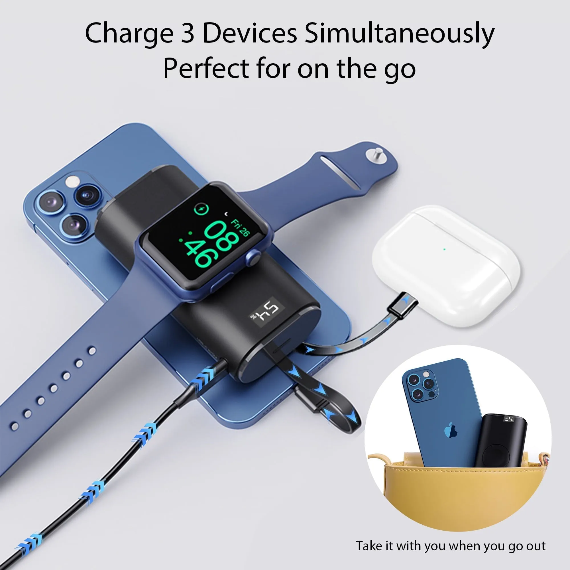 OWNTECH Portable Charger for Watch, 9000mAh Small Power Bank Built-in Cables, USB C PD 20W Fast Charging for All iWatch, iPhones, iPad