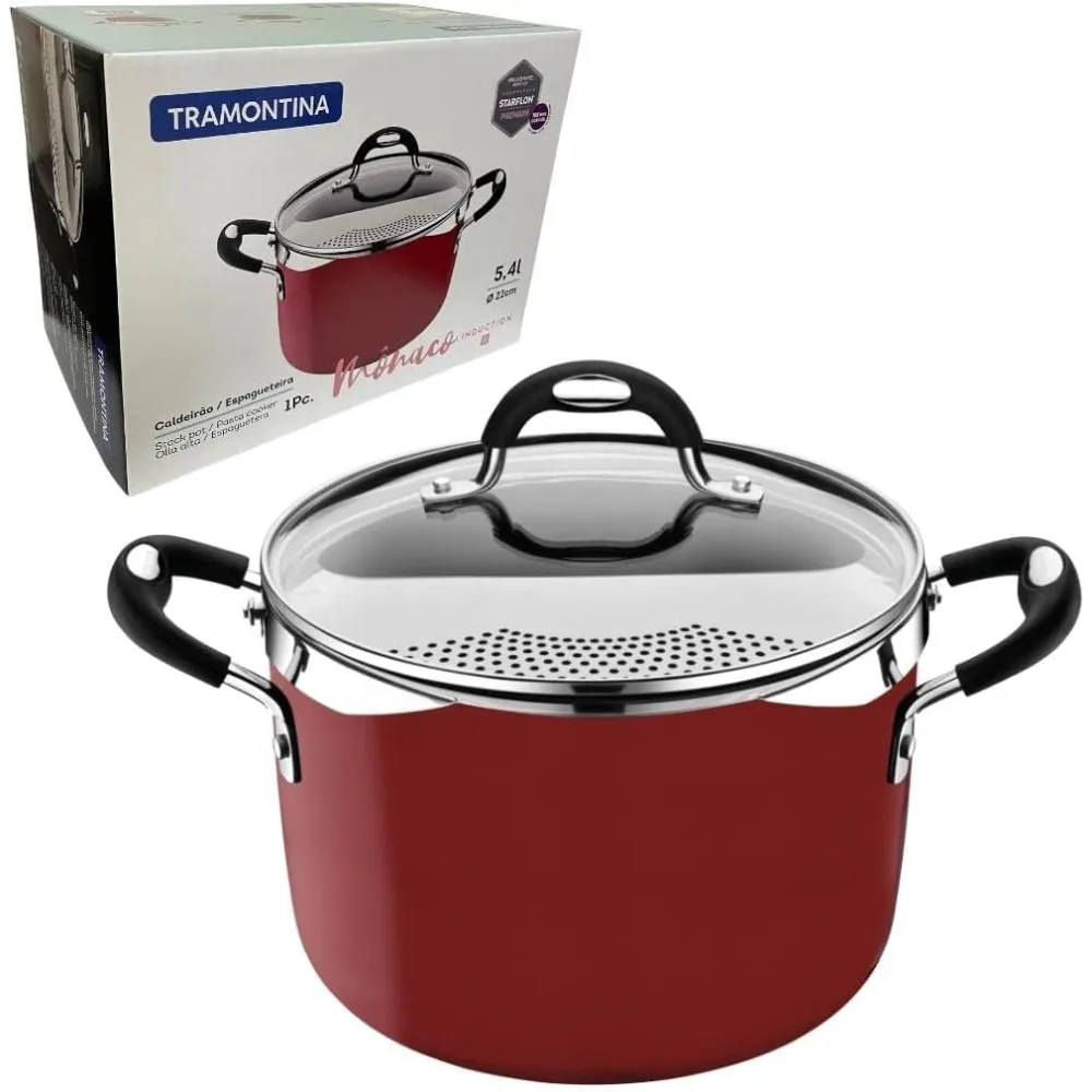 Tramontina Brazil  Monaco Induction 22cm 5.4L Aluminum Pasta Cooker with Interior Starflon Premium PFOA Free Nonstick Coating and Exterior Red Silicon Coating