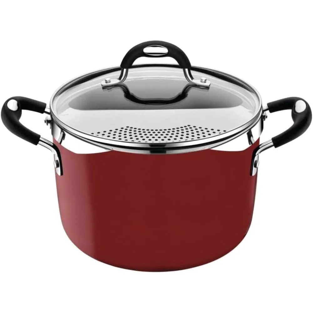 Tramontina Brazil  Monaco Induction 22cm 5.4L Aluminum Pasta Cooker with Interior Starflon Premium PFOA Free Nonstick Coating and Exterior Red Silicon Coating